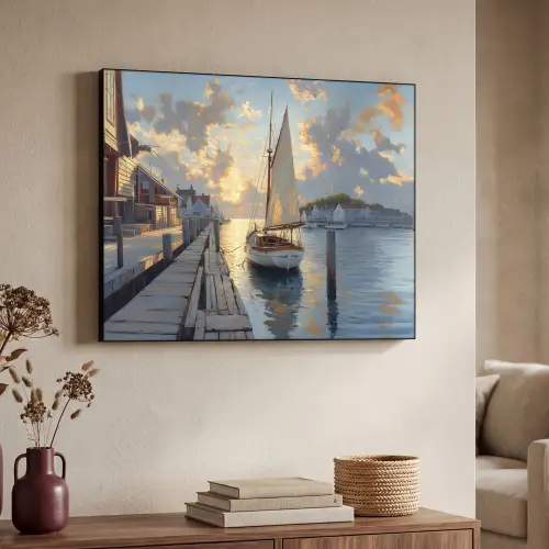Zeilboot - Zon - Pier - Hout Textielframe zwart klein -sfeer3