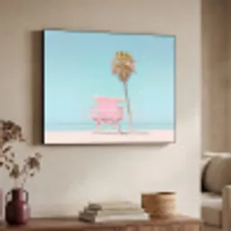 Palmboom - Strandhuis - Roze Textielframe zwart klein -sfeer3