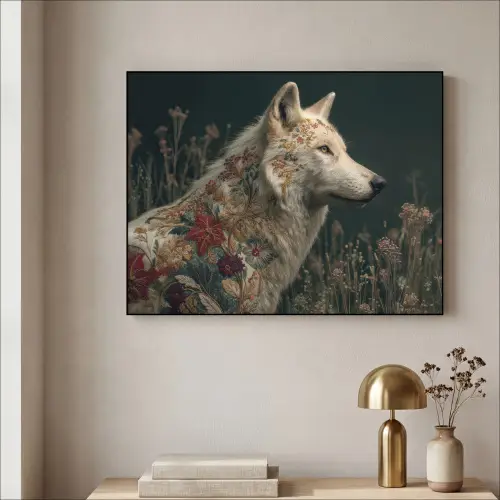 Wolf - Bloemen - Natuur Textielframe zwart klein -sfeer2