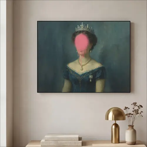 Kroon - Roze druipend verf - Portret Textielframe zwart klein -sfeer2