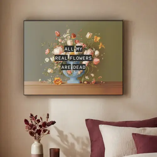 Bloem - Quote - Vintage - Art Textielframe zwart klein -sfeer1