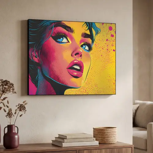 Close-up - Vrouwengezicht - Stippen - Geel Textielframe - compleet frame klein -sfeer3