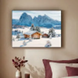 Winter - Huisje - Bergen - Uitzicht - Sneeuw Textielframe - compleet frame klein -sfeer1