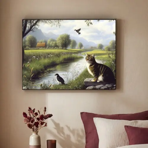 Kat - Beekje - Weide Textielframe zwart klein -sfeer1