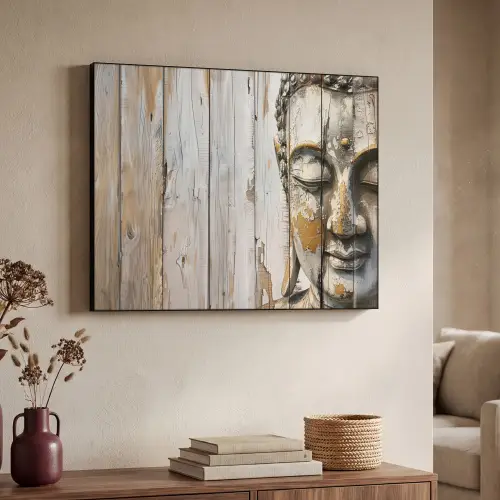 Boeddha - Houtlook - Modern - Industrieel Textielframe zwart klein -sfeer3