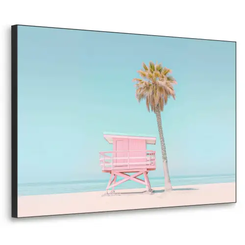 Palmboom - Strandhuis - Roze Textielframe zwart klein -3d