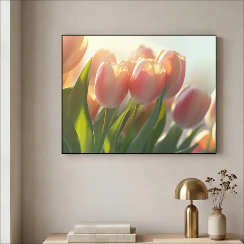Tulpen - Roze - Zonnestralen Textielframe - compleet frame klein -sfeer2