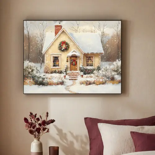 Kerst - Huis - Winter - Sneeuw Textielframe - compleet frame klein -sfeer1