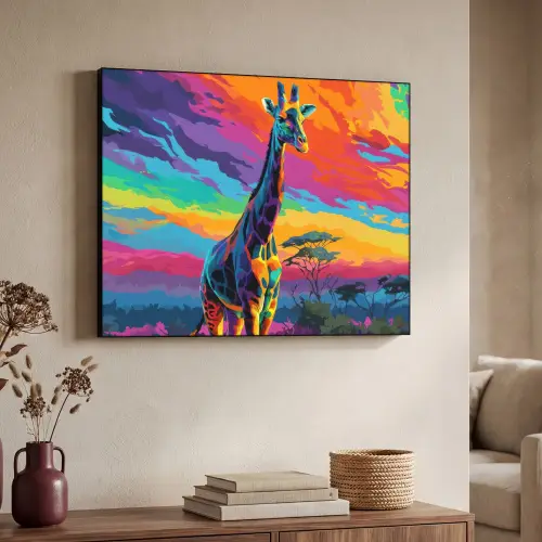 Giraffe - Savanna - Lucht - Gekleurd Textielframe zwart klein -sfeer3