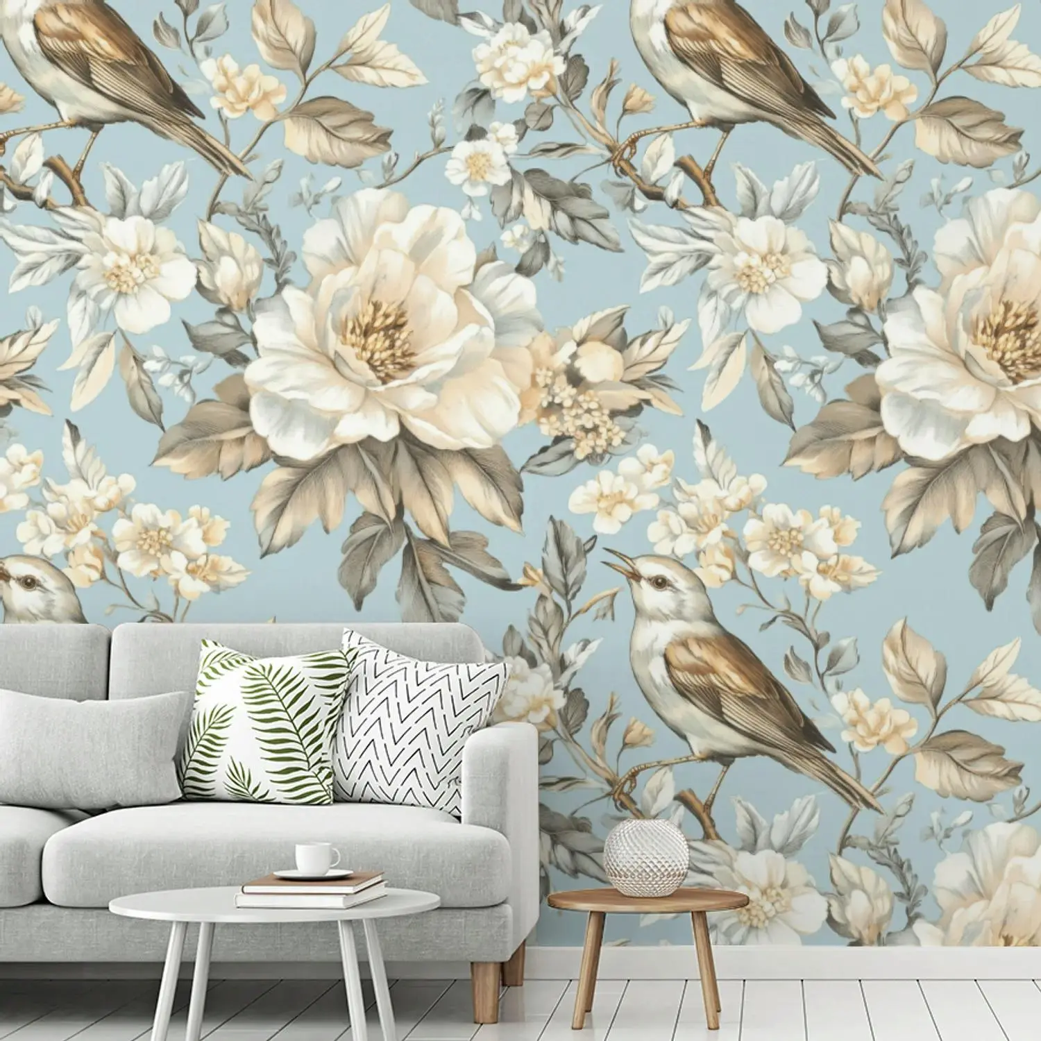 Behang - Botanisch - Zangvogel - Blauw