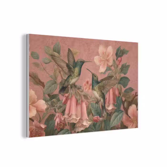 Akoestisch schilderij - Kolibries - Bloemen - Groen - Roze