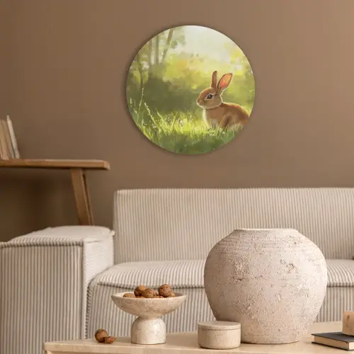 Konijn - Zonlicht - Bos Akoestische PET Vilt - Rond klein -sfeer1
