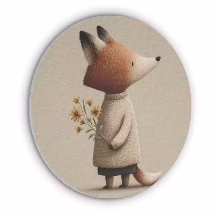 Akoestisch schilderij rond - Vos - Gele bloemen - Minimalistisch