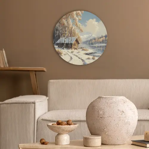 Winter - Sneeuw - Huis - Natuur Akoestische PET Vilt - Rond klein -sfeer1