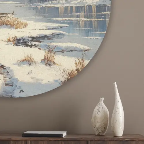 Winter - Sneeuw - Huis - Natuur Akoestische PET Vilt - Rond klein -sfeer5_closeup
