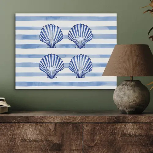 Vier schelpen - Blauw - Wit - Strepen PET vilt klein -sfeer2
