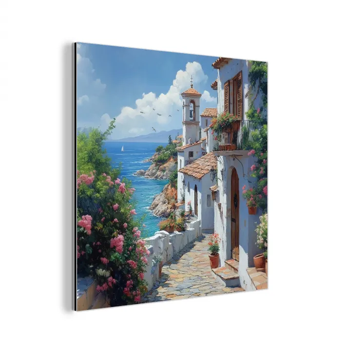 Huizen - Zee - Bomen - Bloemen aluminium wit klein -3d