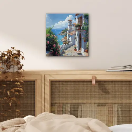 Huizen - Zee - Bomen - Bloemen aluminium wit klein -sfeer3