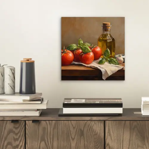 Tomaten - Olijfolie - Stilleven aluminium wit klein -sfeer1
