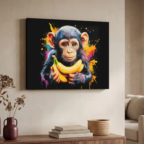 Aap - Graffiti - Kleurrijk - Bananen - Modern Textielframe zwart klein -sfeer3