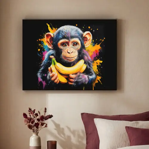 Aap - Graffiti - Kleurrijk - Bananen - Modern Textielframe zwart klein -sfeer1