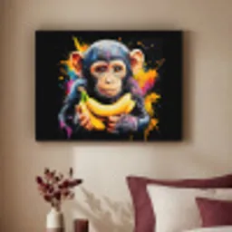 Aap - Graffiti - Kleurrijk - Bananen - Modern Textielframe - compleet frame klein -sfeer1