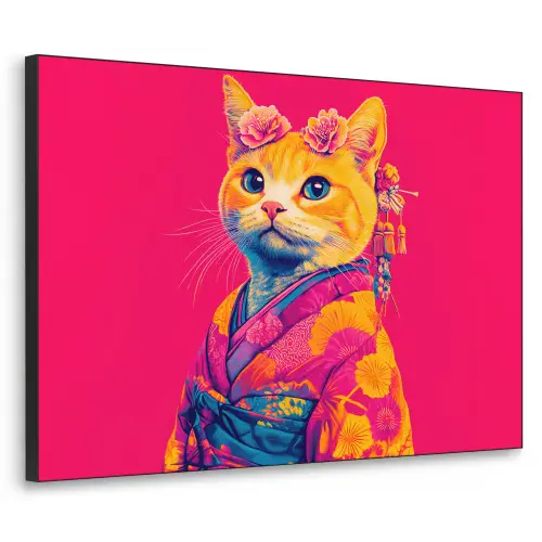 Kat - Kimono - Bloemen - Roze Textielframe - compleet frame klein -3d