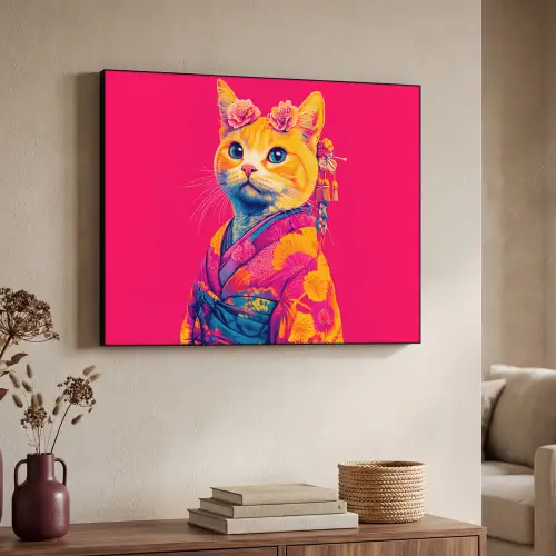 Kat - Kimono - Bloemen - Roze Textielframe zwart klein -sfeer3