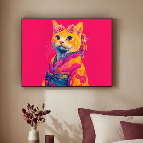 Kat - Kimono - Bloemen - Roze Textielframe zwart klein -sfeer1