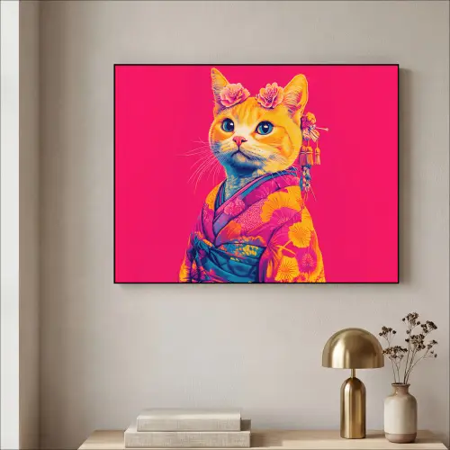 Kat - Kimono - Bloemen - Roze Textielframe - compleet frame klein -sfeer2