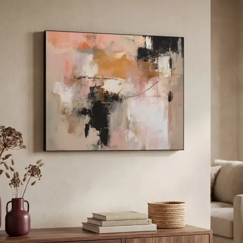 Kunst - Abstract - Beige - Verf Textielframe zwart klein -sfeer3