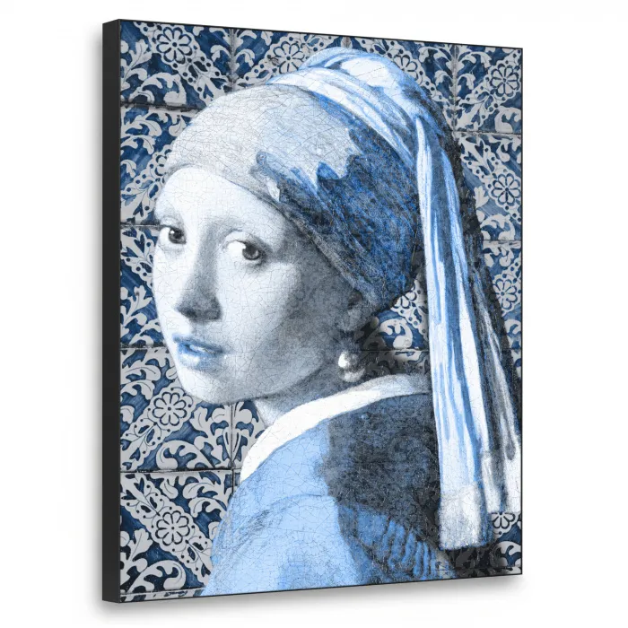 Meisje met de parel - Johannes Vermeer - Delfts blauw Textielframe zwart klein -3d