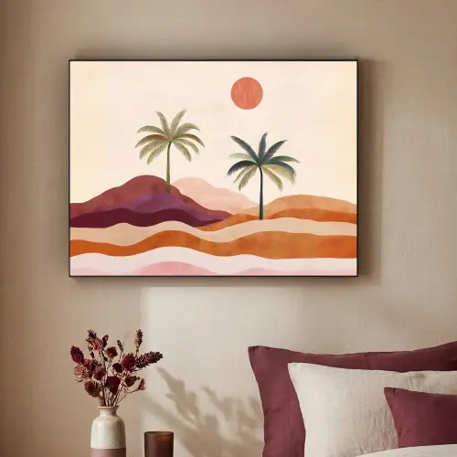 Palmbomen - Abstract - Zon - Heuvels Textielframe zwart klein -sfeer1