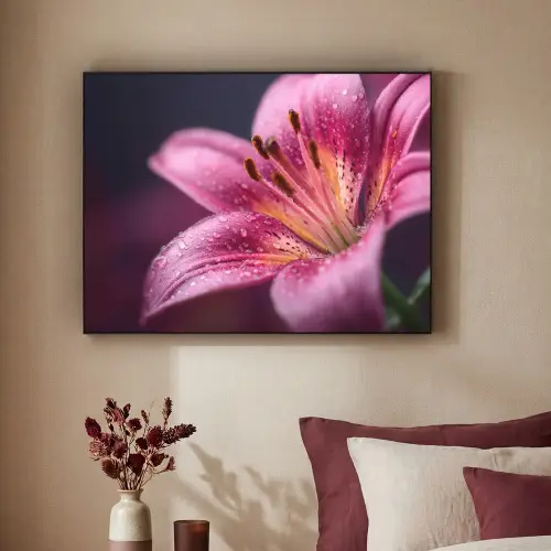 Roze - lelie - Dauwdruppels Textielframe zwart klein -sfeer1