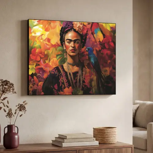 Vrouw - Bloemen - Papegaai - Schilderachtig Textielframe - compleet frame klein -sfeer3