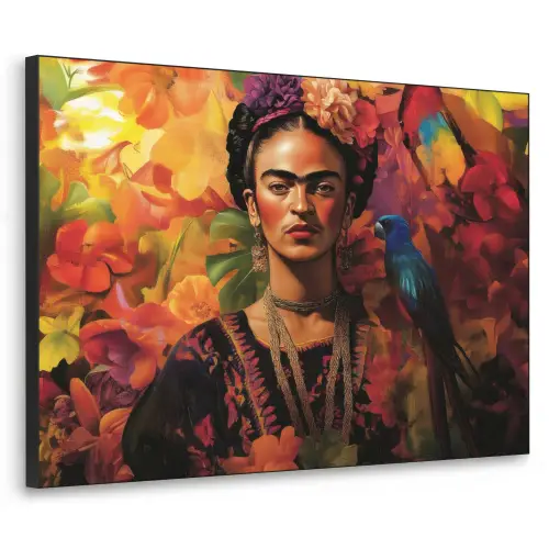 Vrouw - Bloemen - Papegaai - Schilderachtig Textielframe zwart klein -3d