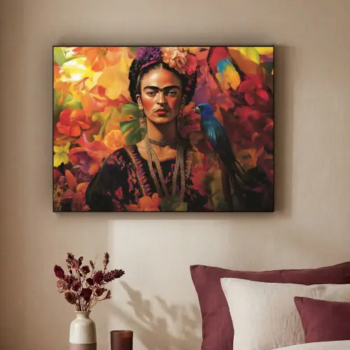 Vrouw - Bloemen - Papegaai - Schilderachtig Textielframe zwart klein -sfeer1