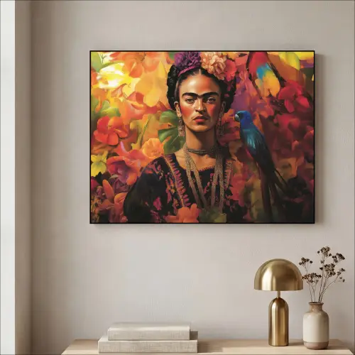 Vrouw - Bloemen - Papegaai - Schilderachtig Textielframe - compleet frame klein -sfeer2