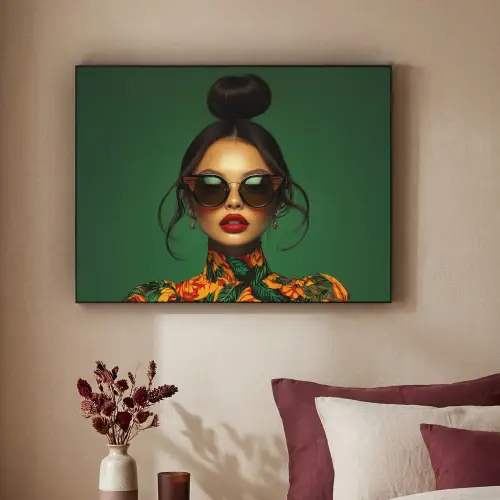 Vrouw - Groen - Modern - Bril - Abstract Textielframe zwart klein -sfeer1