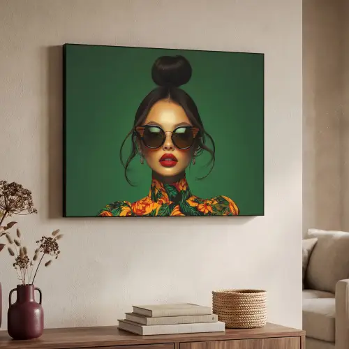 Vrouw - Groen - Modern - Bril - Abstract Textielframe zwart klein -sfeer3