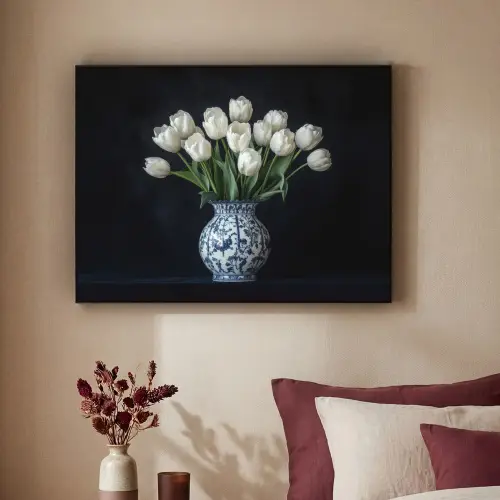 Wit - Bloemen - Tulpen - Vaas Textielframe - compleet frame klein -sfeer1