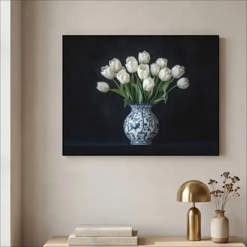 Wit - Bloemen - Tulpen - Vaas Textielframe zwart klein -sfeer2
