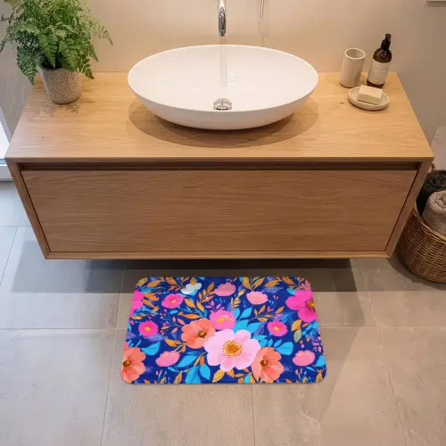 Bloemen - Blauw - Roze Badmat klein -sfeer1
