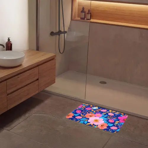 Bloemen - Blauw - Roze Badmat klein -sfeer2