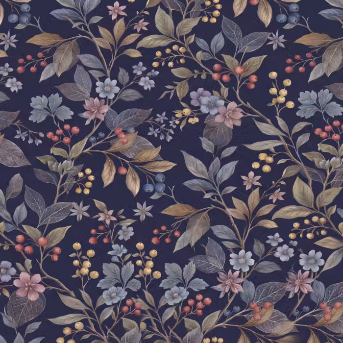 Behang - Bloemen - Bladeren - Patroon - Botanisch - Donkerblauw