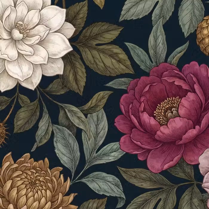 Behang - Bloemen - Botanisch - Illustratie - Donker - Vintage