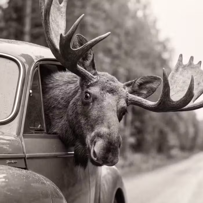 Behang - Eland - Auto - Gewei - Zwart - Wit
