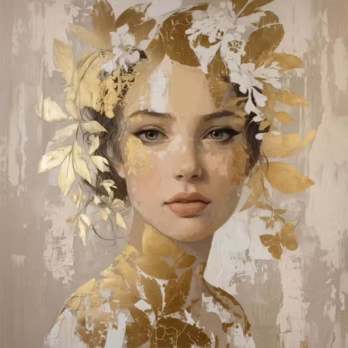 Behang - Gezicht - Vrouw - Bladeren - Goud