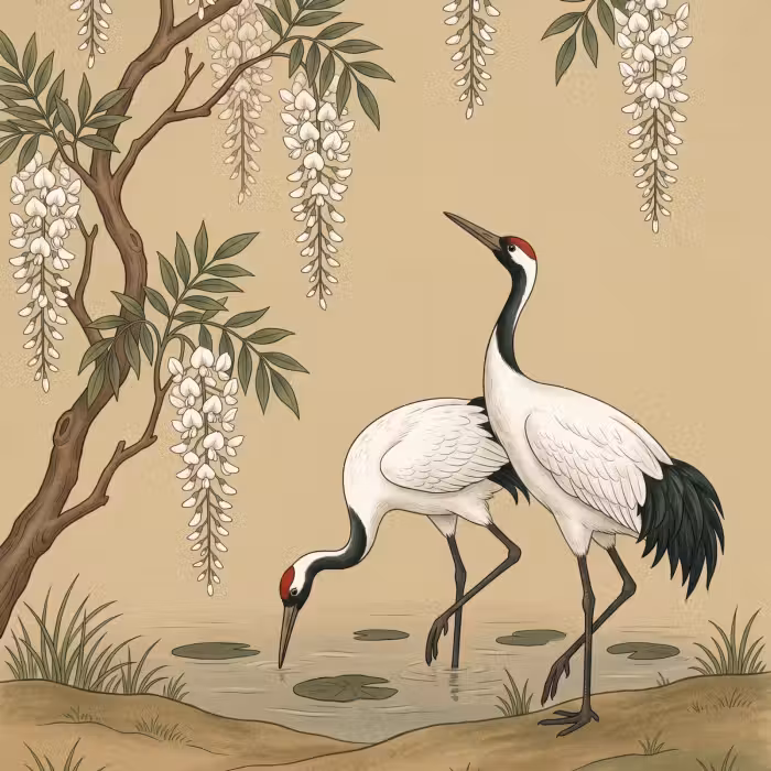 Behang - Kraanvogels - Water - Beige