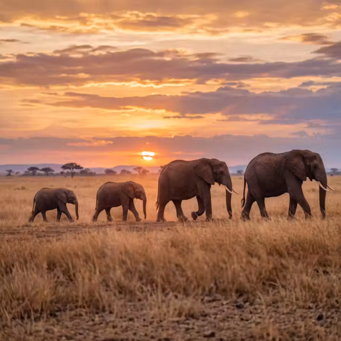 Behang - Olifanten - Savanne - Zonsondergang - Afrika - Warm